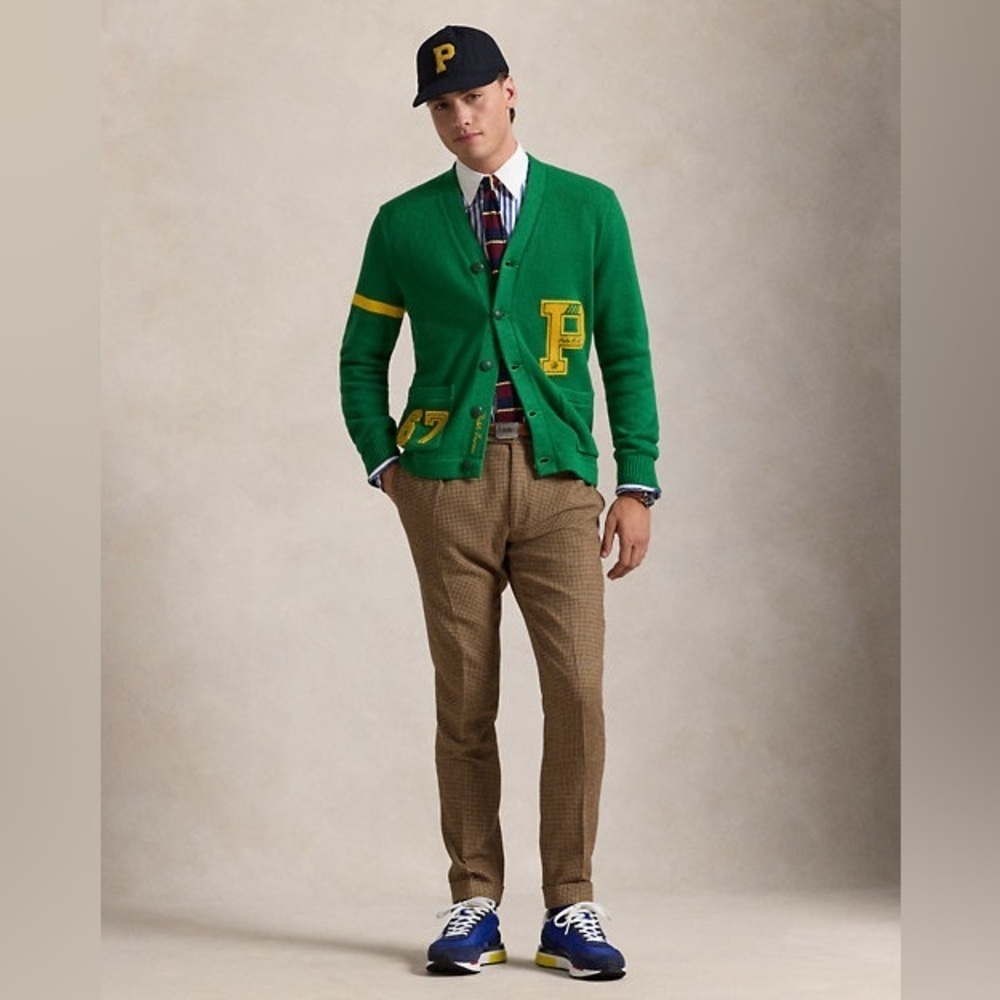 Polo by Ralph Lauren Green Wool Varsity Cardigan with Yellow Patch - Picture 3 of 11